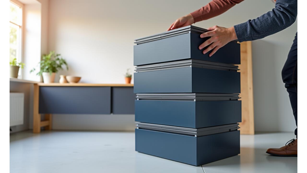 Modular stackable drawers in a modern, organized home office environment demonstrating vertical expansion and smooth functionality.