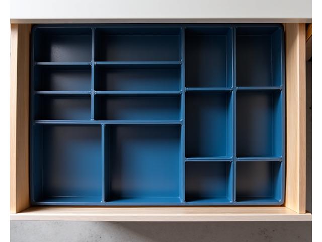 A set of sleek, charcoal grey modular drawer organizers made from recycled plastic, neatly arranged inside a drawer.