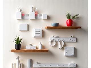 A curated collection of various small space storage items like hooks, floating shelves, and slim organizers against a minimalist wall.