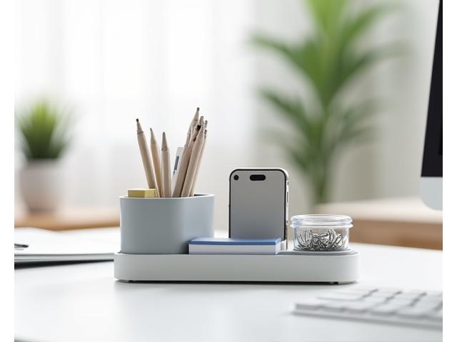 Clean, modern home office desk featuring a compact modular desktop organizer holding pens, paper clips, and a small notepad, blending seamlessly with the minimalist aesthetic.