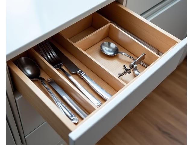 Kitchen drawer opened to reveal custom-fit, interlocking drawer inserts neatly organizing cutlery, kitchen gadgets, and baking tools. The inserts are a light wood tone.