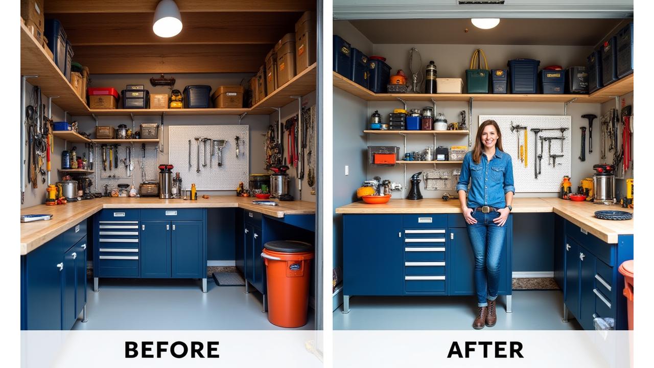 Before and after of a garage workbench area, showcasing a chaotic, cluttered space transforming into a neatly organized arrangement with modular shelving, storage bins, and pegboard systems. A person is smiling, admiring the organized space.