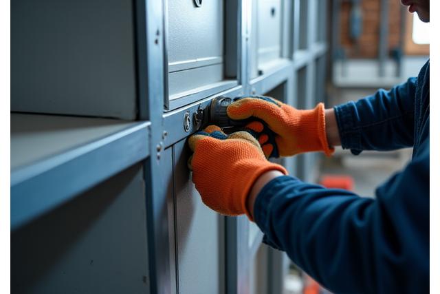 Professional installing a secure modular cabinet, anchoring it firmly to a wall, demonstrating proper security installation techniques.