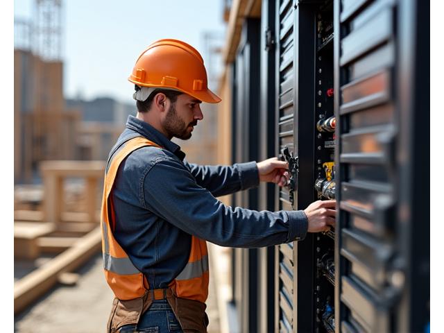 Contractor securing expensive power tools in a locked modular chest on an active construction site, demonstrating job site security.