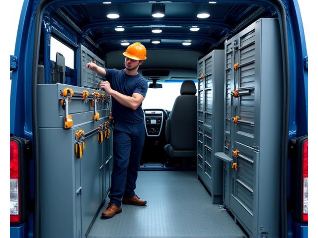 Mobile service technician organizing and securing tools in a vehicle-mounted storage solution in their work van.