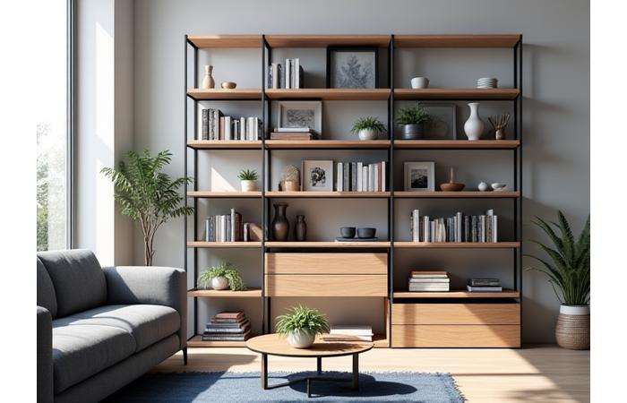 Modern living room with a chic modular bookshelf displaying books and decorative items, well-lit